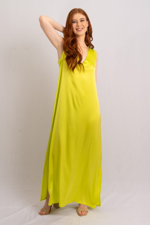 Vestido Porto Venere cuello  V manga cero - Verde ácido - Imagen 2